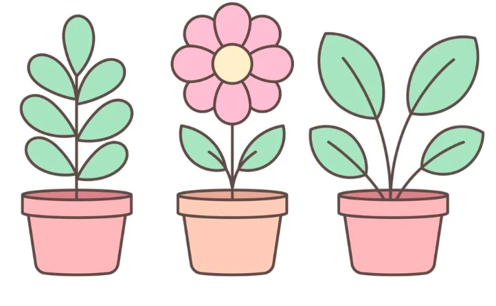 Illustration de trois petites plantes aux couleurs contrastées, adaptée à la création d'une broderie
